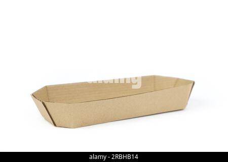 Brown paper dish or craft food tray isolated on white background. Stock Photo