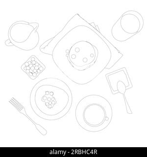 Various healthy morning food and breakfast meals hand drawn with contour lines on white background - berry, toasts, waffles. Vector illustration. Simp Stock Vector