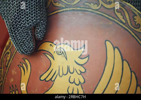 Shield of a medieval warrior of the Russian squad. . Objects of medieval Russia life of the 13th century Stock Photo