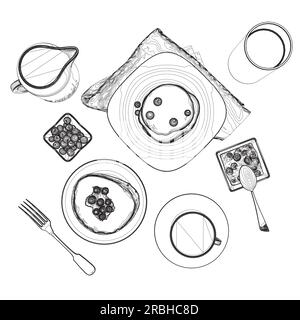 Various healthy morning food and breakfast meals hand drawn with contour lines on white background - berry, toasts, waffles. Vector illustration. Simp Stock Vector