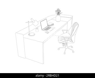Outline of Contemporary workspace flat vector illustrations set. Contour Office desk or table with office chair and computer. Business interior design Stock Vector