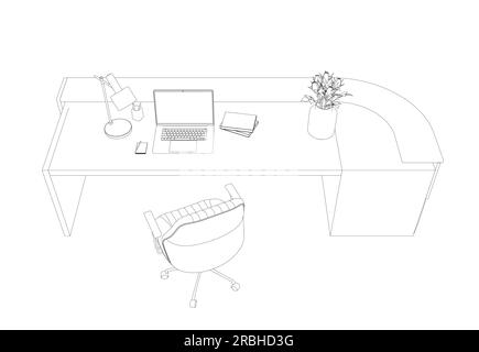 Outline of Contemporary workspace flat vector illustrations set. Contour Office desk or table with office chair and computer. Business interior design Stock Vector