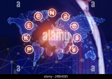 Money exchange. Double exposure of man, world map, different currency symbols and chart Stock Photo