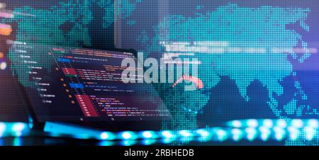 Notebook closeup photo. CSS, JavaScript and HTML usage. Monitor closeup of function source code. Abstract IT technology background. Stock Photo