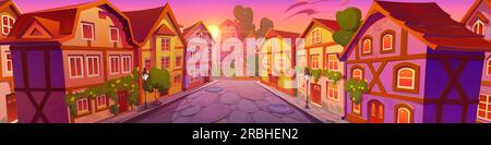 Medieval germany town street with old house at sunset vector. European ancient building in german city cartoon cityscape. Vintage timber cottage and suburban district exterior, victorian architecture Stock Vector