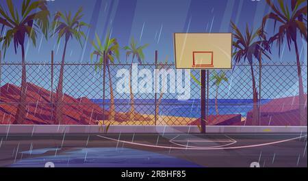Rain on street basketball court near sea beach vector background. School playground stadium with fence on ocean shore in rainy weather. Empty tropic sport arena with palm tree and falling drops Stock Vector