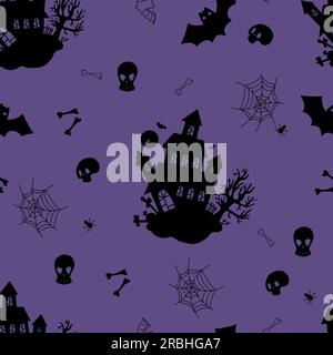 Halloween Seamless pattern with mystical spooky castle house on purple background with skulls and cobwebs. Vector illustration in silhouette doodle Stock Vector