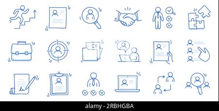 Doodle line icon set work, business job search. Doodle sketch hand drawn style employee search, business work career, company people team icon. Job interview, team person concept. Vector illustration Stock Vector