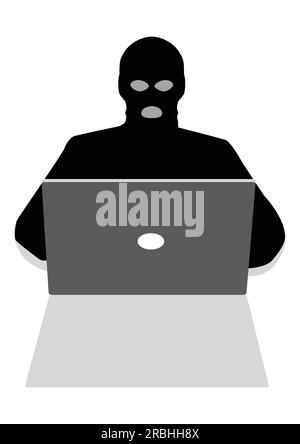 Simple flat vector illustration of a hacker behind laptop computer ...