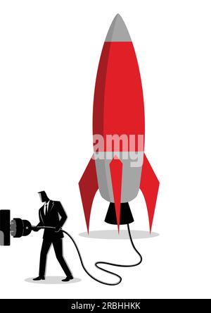 Business concept vector illustration of a businessman plugging in a rocket, ready for launching Stock Vector