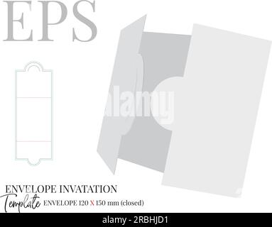 Envelope Invatation Template with die cut lines, Vector with die cut, laser cut layers. White, clear, blank, isolated Envelope mock up on white Stock Vector