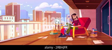 Girl on city building terrace cartoon interior background. Skyscraper cityscape view from open balcony with brick wall. Woman sitting in armchair and writing diary or book in hotel glass fence patio Stock Vector