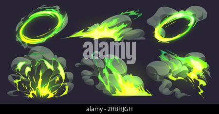 Toxic green comic fire with smoke effect cartoon illustration set. Bomb or energy explode with cloud flame after magician spell vfx icon. Boom explosion vortex clipart pack. Fantasy glow collection Stock Vector