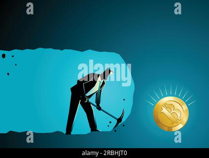 Business concept illustration of a businessman digging and mining to find bitcoin Stock Vector