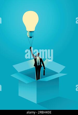 Business concept vector illustration of a businessman flying out of the box using light bulb air balloon. Thinking out of the box, creativity concept Stock Vector