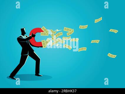 Business concept vector illustration of businessman attracts money using a large magnet Stock Vector