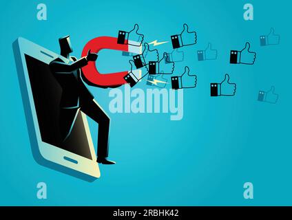 Business concept vector illustration of a businessman come out from cellular phone holding a large magnet to attract thumb up icons. Concept for socia Stock Vector