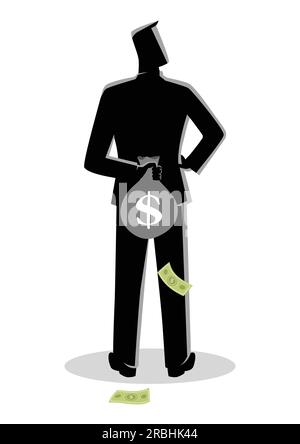 Business concept vector illustration of a man hiding a money bag behind his back for tax evasion concept Stock Vector
