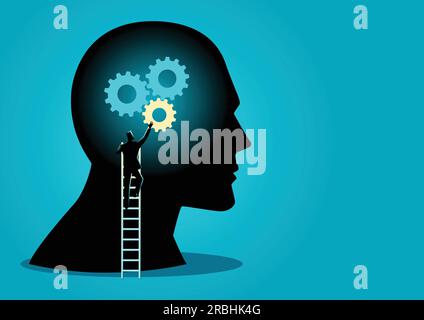 Business concept vector illustration of a man on ladder installing gears on human head, thinking process concept Stock Vector