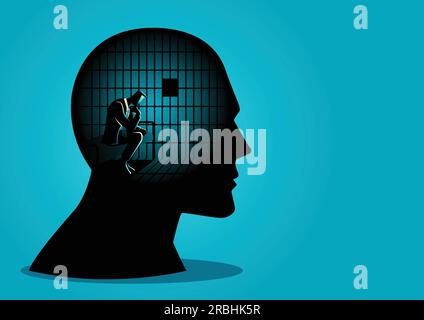 Business concept vector illustration of a businessman in human head being in jail, struggle, lack of creativity, restrictions on the freedom of though Stock Vector