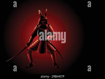 Silhouette vector illustration of an armored Samurai on dark red background Stock Vector