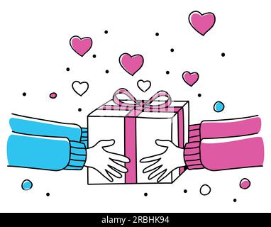 Line art illustration of human hands giving gift box, for Valentine's day theme and background Stock Vector