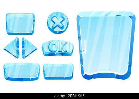 Set frozen ice frames, panels for game menu arows, buttons, ok sign in cartoon style isolated. Ui game design, app interface. Vector illustration Stock Vector
