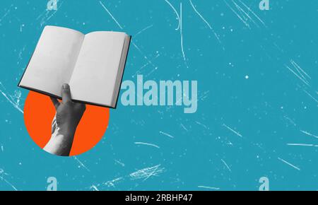 Art collage, hand with book on blue background with copy space. Concept of study and work. Stock Photo