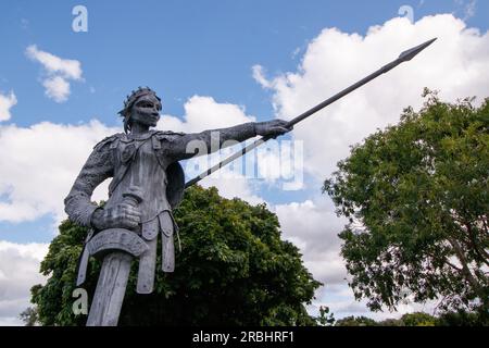 The six metre tall statue of Aethelflaed, the Anglo-Saxon warrior Queen by artist luke Perry situated on the Island outside the railway station in Tamworth, Staffs. Aethelflaed is a key figure from Tamworth’s past, having played a pivotal role in English history by building a chain of fortifications against Viking invaders throughout the Kingdom of Mercia. Her fortification of Tamworth in 913 AD became the forerunner to Tamworth Castle. Daughter of King Alfred the Great, Aethelflaed’s accession as a female ruler has been described as one of the most unique events in early medieval history. Stock Photo