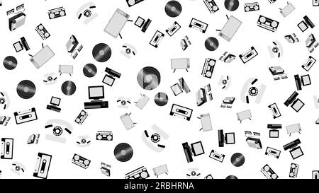 The texture is a seamless pattern of old vintage retro electronics technology from televisions, cassette tape recorders, vinyl records, computers, gam Stock Vector
