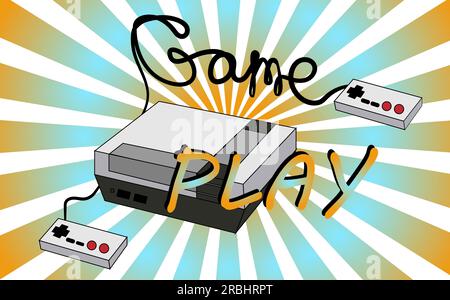 Old vintage retro hipster antique game console for video games with joysticks and gameplay on the background of the 70's, 80's, 90's. The background. Stock Vector