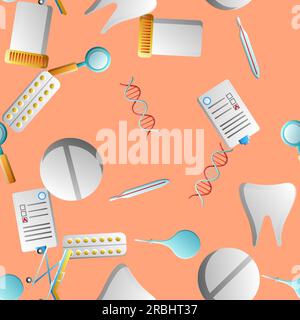 Endless seamless pattern of medical scientific medical objects icons jars with pills thermometers enemas documents on a yellow background. Vector illu Stock Vector