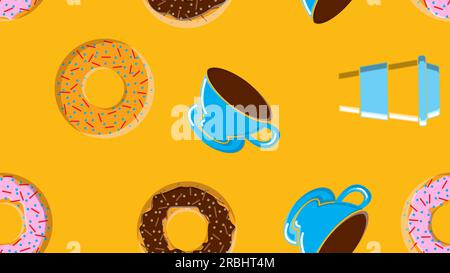 Seamless pattern, texture from different round sweet tasty donuts to hot sugary caramel chocolate and a cup of hot quick strong morning coffee for bre Stock Vector
