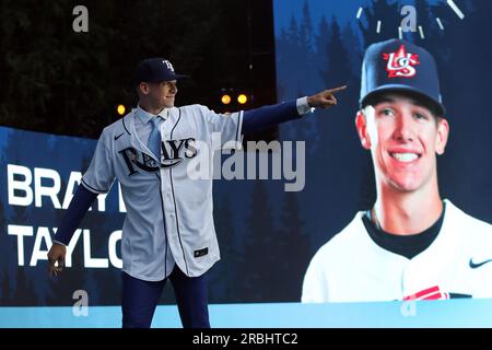 Seattle, United States. 09th July, 2023. Third Baseman, Brayden Taylor points to the crowd after being selected by the Tampa Bay Rays at the 2023 MLB Draft at Lumen Field in Seattle, Washington on Sunday, July 9, 2023. Photo by Aaron Josefczyk/UPI Credit: UPI/Alamy Live News Stock Photo