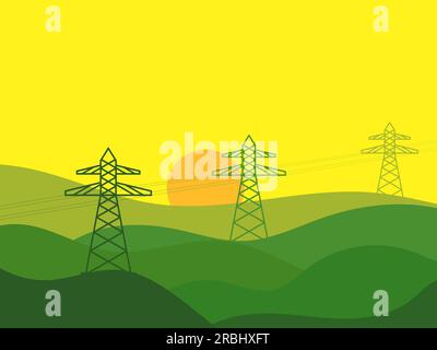 Power lines at sunset. Wavy landscape in a minimalist style with power pylons. Transmission towers and green fields . Design for posters, prints and b Stock Vector