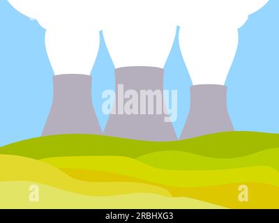 Nuclear power plant. Landscape overlooking a nuclear power plant with steam coming out of the turbines. Wavy landscape of meadows and plains.Design fo Stock Vector