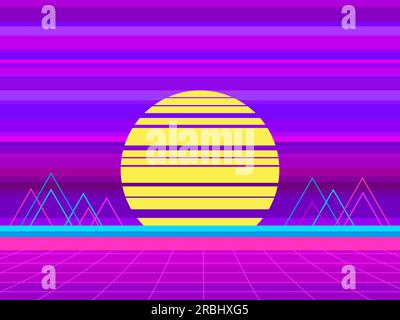 Retro sci-fi background with retro sun and 80s style perspective grid. Futuristic landscape in virtual reality. Synthwave and retrowave style. Design Stock Vector
