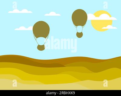 Hot air balloons fly over a desert undulating landscape in a minimalist style. Clouds with sun and silhouettes of flying hot air balloons. Design for Stock Vector
