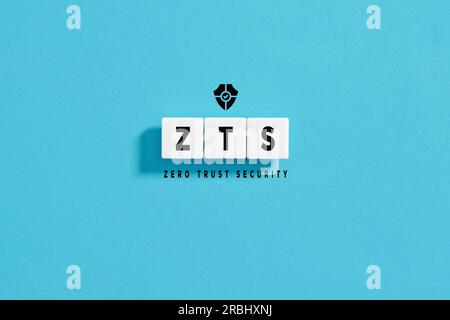 White letter blocks on blue background with the acronym ZTS Zero Trust Security. Network security concept. Stock Photo