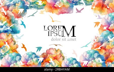 Multicolored clouds frame with flying birds. Vector illustration Stock Vector