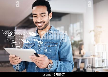 Tablet, hologram and web designer working on app software development for startup website, web or internet connection. Smile, technology and Stock Photo