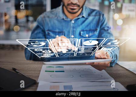 Business man, tablet and hologram ux in startup office, web design and menu with creativity for seo. Developer, digital touchscreen and typing for Stock Photo