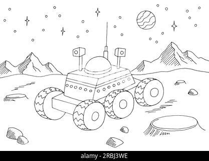 Mars rover on alien planet graphic black white space landscape sketch illustration vector Stock Vector