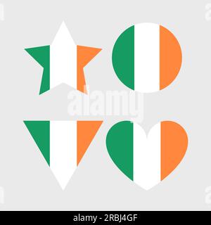 Ireland flag vector icons set in the shape of heart, star, circle and map. Irish flag illustration in different geometrical shapes. Stock Vector