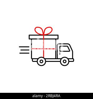 Delivery truck with gift box thin line vector icon. Editable stroke. Stock Vector