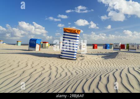 Beach chairs and beach tents on the southern beach, Borkum Island, Lower Saxony, Germany Stock Photo