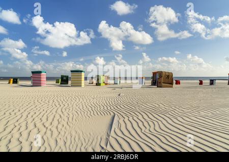 Beach chairs and beach tents on the southern beach, Borkum Island, Lower Saxony, Germany Stock Photo