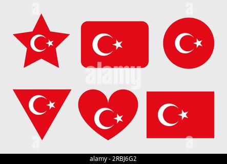 Turkey flag vector icons set in the shape of heart, star, circle and map. Stock Vector