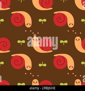 Cute snail seamless pattern. Childrens vector illustration. Snail with green plants cute background for kids. Stock Vector