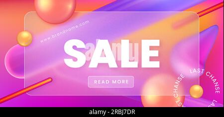 Sale banner template in glass morphism style. Transparent rectangular frosted glass plate with abstract geometric shapes on background. Glassmorphism advertising page. Stock Vector